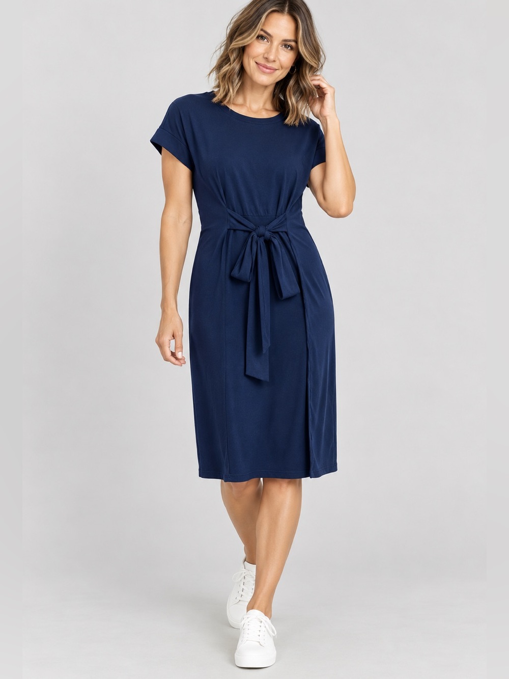 MEROKEETY Navy Blue Tie Waist T-Shirt Dress Size M NWT Rayon Blend Stretch